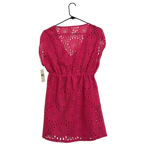 Miken Swim Pink Crochet Lace V-Neck Empire Waist Cover Up Dress Size Medium NWT - Picture 2 of 7